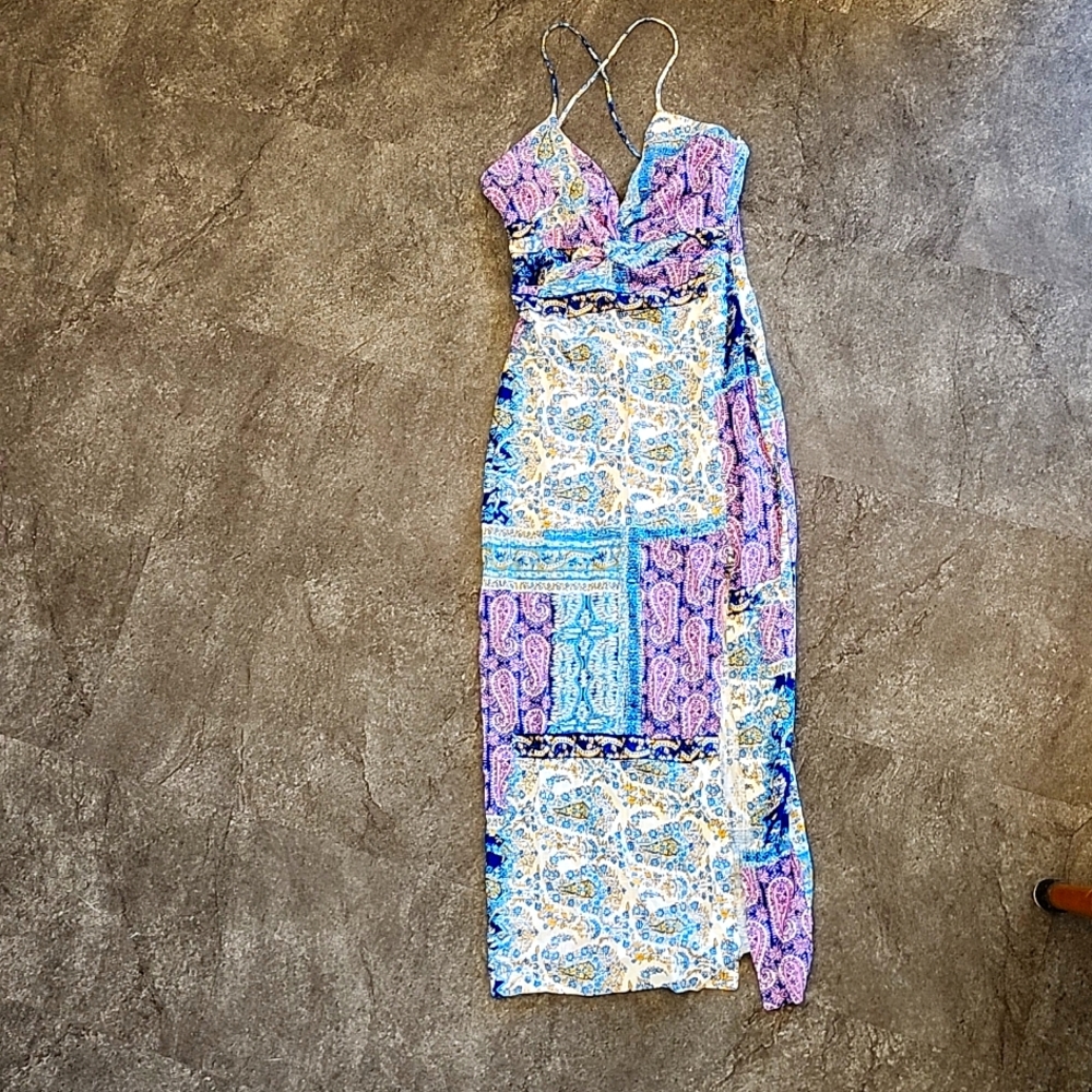 Zara maxi multi pattern high slit ruched back side zip size S